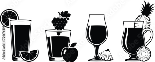 Fruit juice glass icons orange, grape, apple, pineapple, and other tropical fruit juice