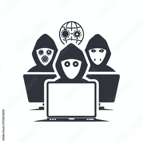 Three hooded hackers face a binary code laptop protected by a padlock