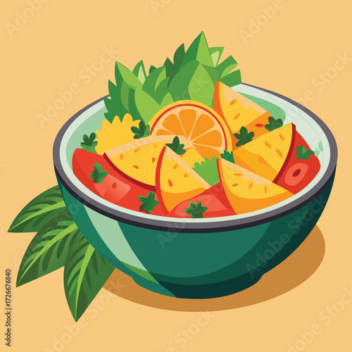 A colorful fruit salad in a teal bowl