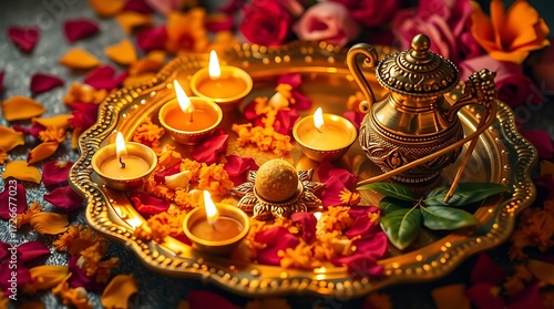 Golden Tray with Lit Diyas and Floral Decorations for Diwali.