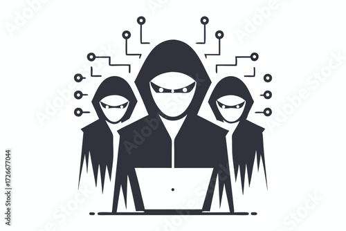 Three hooded silhouettes guard a cyber padlock in grayscale, representing security concerns