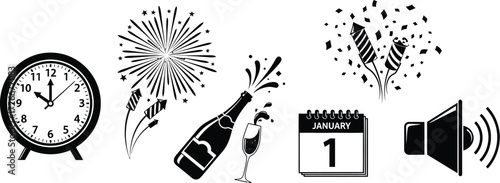New years eve celebration icons clock, fireworks, champagne, calendar and speaker