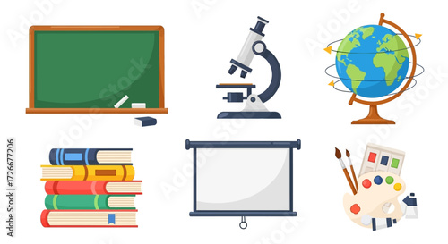Educational Icons Set Blackboard, Microscope, Globe, Books, Projector Screen, and Painting Palette – Essential Elements for Learning, Education, and School