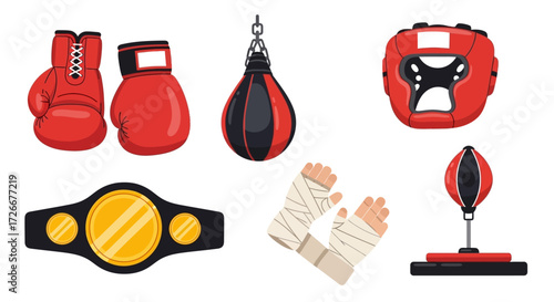 Collection of Boxing Equipment Illustrations Explore gloves, bags, headgear, belts, hand wraps, and punching balls for athletic training and competition in detailed vector graphics