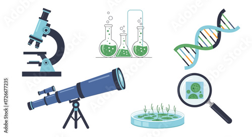 Vector illustration depicting scientific instruments and biological elements, including a microscope, telescope, DNA strand, and magnifying glass, suitable for educational or research-related designs