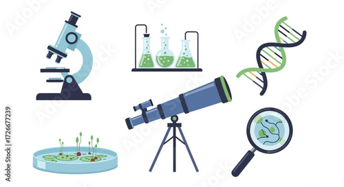 Illustrative Scientific Imagery A Collection of Microscopic and Telescopic Instruments and DNA Helix Depictions, Representing Science and Research