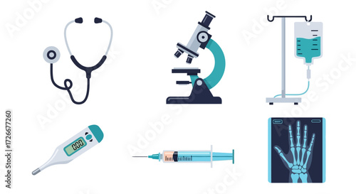Medical equipment illustrations A comprehensive set of vector graphics, including a stethoscope, microscope, IV drip, digital thermometer, syringe, and X-ray of a hand, suitable for healthcare themes