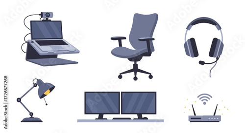 A comprehensive illustration showcasing essential elements for a productive workspace, including a laptop setup, ergonomic chair, headphones, desk lamp, dual monitors, and a router