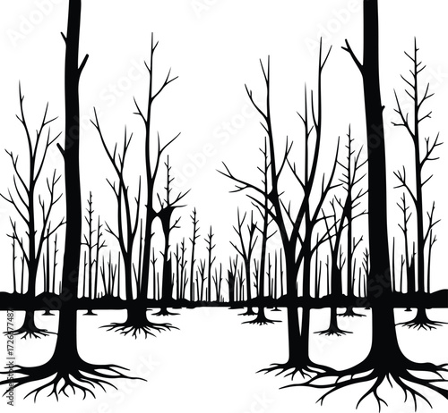 Vector Bare tree trunks standing silhouettes nature scene Illustrator