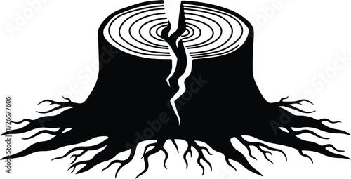 Vector Cracked tree stump with roots silhouette Illustrator