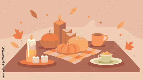 Cozy autumn table setting with pumpkins, candles, bread and warm drinks in soft tones