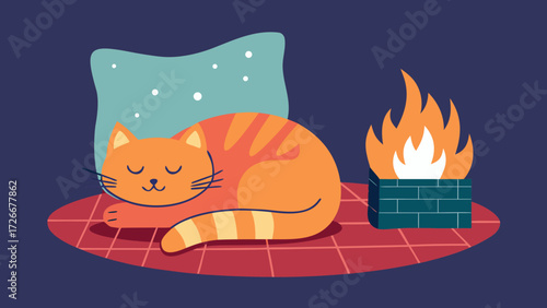Red cat sleeping by the fireplace on a cozy rug with a winter window view
