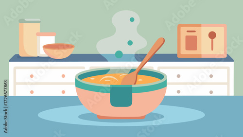 Steaming bowl of soup with spoon on kitchen table in cozy home setting