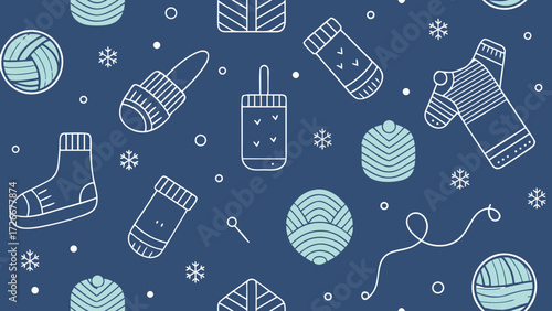 Seamless winter pattern with knitted clothes, yarn balls, needles and snowflakes on blue background