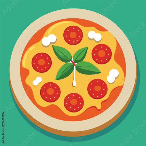 Flat lay of a pepperoni pizza with melted cheese and basil on a plate