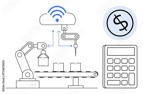 Robotic arm operating on assembly line with cloud connectivity, calculator, and currency icon. Ideal for automation, industry 4.0, cost efficiency, digital transformation, smart production IoT