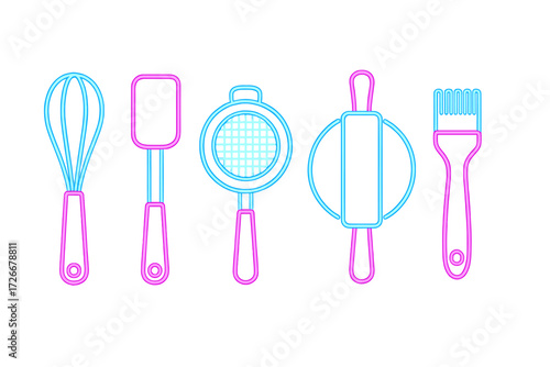 Assortment of essential baking and cooking utensils including whisk spatula rolling pin and sieve in vibrant neon outline style