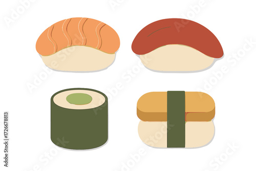 Stylized Japanese sushi pieces featuring salmon, tuna, maki, and tamago in a minimalist paper cut style