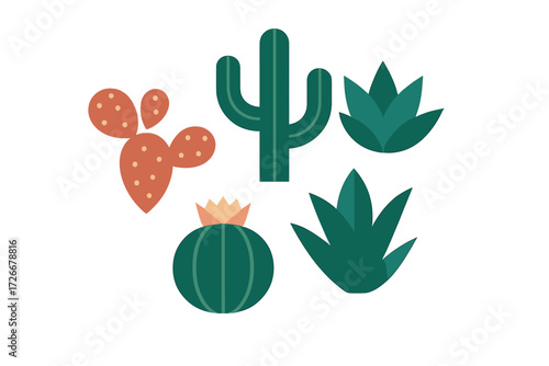 Vibrant collection of stylized desert cacti and succulent plants featuring various shapes and colors on a clean white background