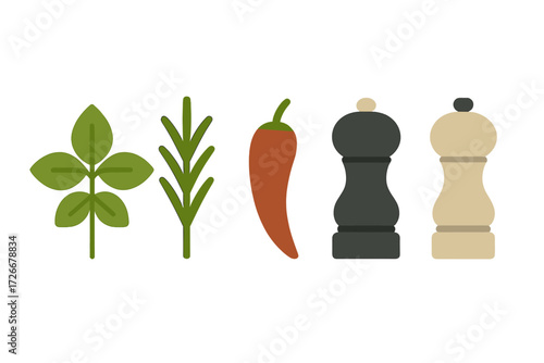 Assortment of culinary ingredients including aromatic green herbs, a vibrant red chili, and traditional kitchen seasoning mills for pepper and salt