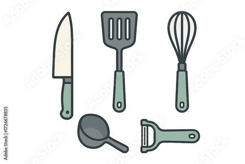Assortment of everyday kitchenware items such as a sharp knife, flexible spatula, balloon whisk, serving ladle, and potato peeler