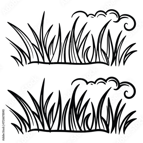 Two linear black grass patches feature swirl designs against a white backdrop
