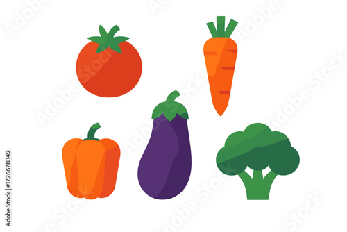 Fresh garden vegetables assortment with tomato, carrot, bell pepper, eggplant, and broccoli on a clean white background