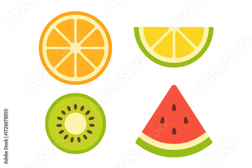 Vibrant and colorful fruit slices featuring orange, lime, kiwi, and watermelon on a bright white background