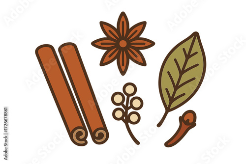 Assortment of aromatic cooking spices and herbs including cinnamon sticks star anise bay leaf and cloves
