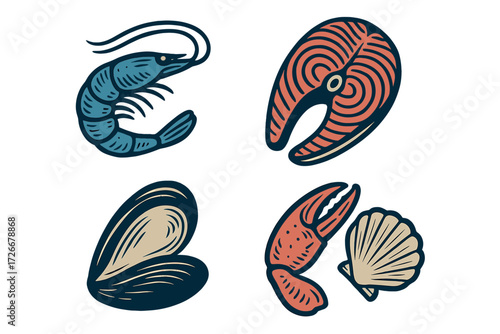 Delicious fresh seafood assortment featuring shrimp, salmon steak, mussel, crab claw, and scallop shell