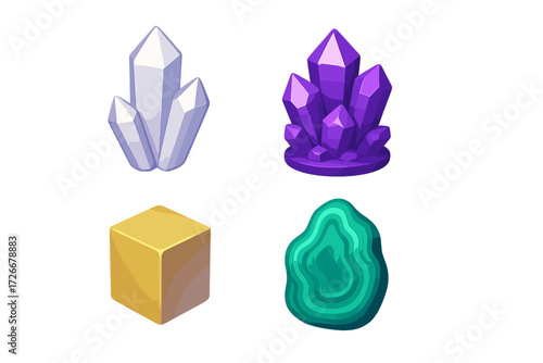 Diverse set of precious gemstones, natural minerals, and a shiny golden cube on a clean white background