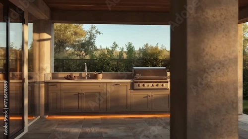 Outdoor kitchen area with cabinets, sink, and grill. Perfect for showcasing backyard patio or landscaping design ideas for homeowners.