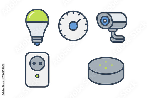 Modern smart home automation devices and Internet of Things technology including security camera, smart bulb, smart plug, voice assistant