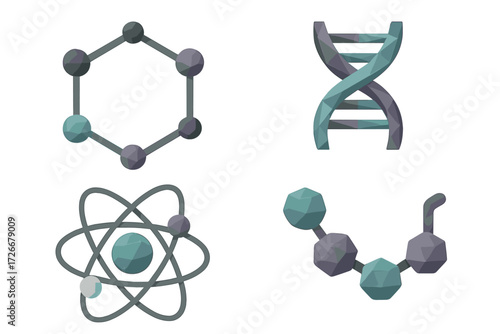 Scientific symbols set featuring molecular structures, DNA helix, and atomic model for educational and research concepts