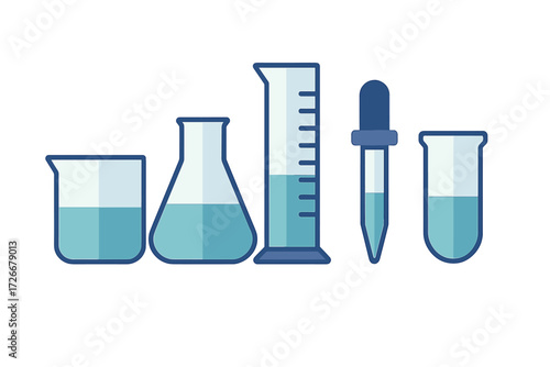 Essential scientific laboratory glassware set featuring beaker flask graduated cylinder dropper and test tube with blue liquid