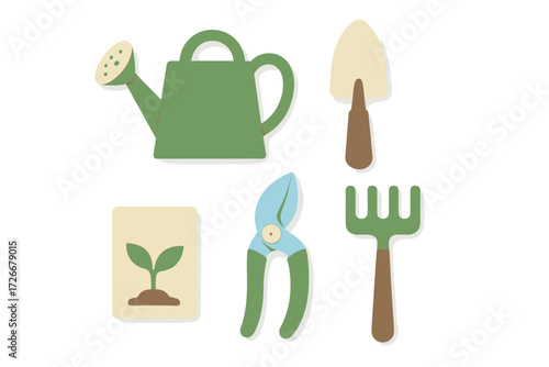 Collection of essential gardening tools including watering can, trowel, hand fork, pruners, and seed packet with sprout in paper cut style