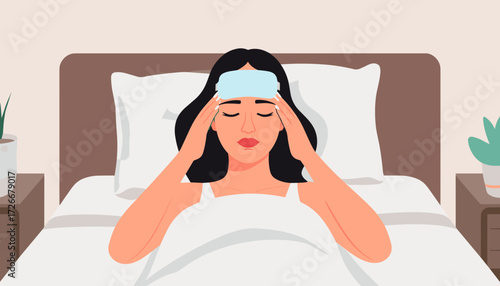 A woman lying in bed with a cold compress on her forehead to relieve headache