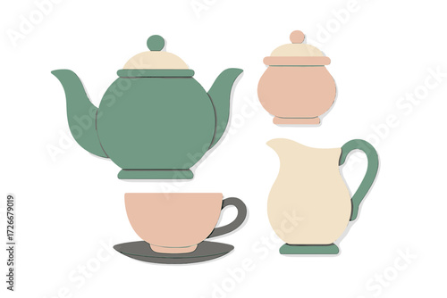 Pastel colored tea set with teapot, sugar bowl, creamer, and teacup in a charming paper cut style