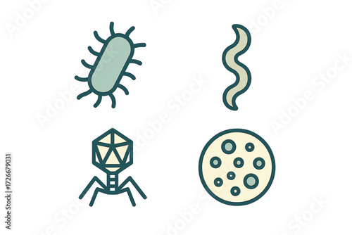 Microorganism icons set featuring bacteria, virus, and petri dish for scientific and medical concepts