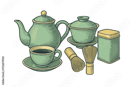 Traditional Japanese tea ceremony set with teapot, teacup, gaiwan, tea caddy, and bamboo whisks