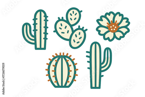 Stylized desert flora collection featuring various cactus species and a beautiful blooming flower on a clean white background, perfect for nature designs