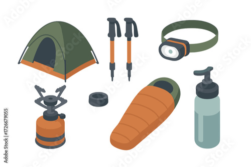 Essential camping and hiking gear collection with tent, sleeping bag, stove, headlamp, and trekking poles