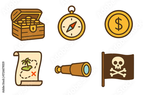 Vibrant collection of pirate adventure and treasure hunting icons featuring map, chest, compass, telescope, flag, and gold coin