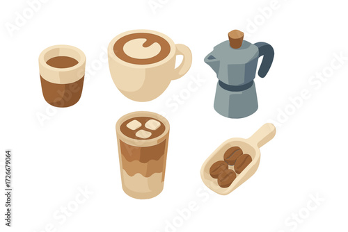 Collection of various coffee beverages and essential brewing tools including moka pot, cups, and roasted beans
