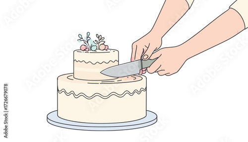 Hands cutting a wedding cake adorned with flowers and elegant decorations