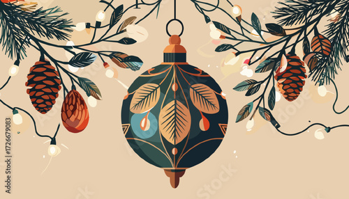 A Christmas tree ornament surrounded by Christmas lights and pine branches