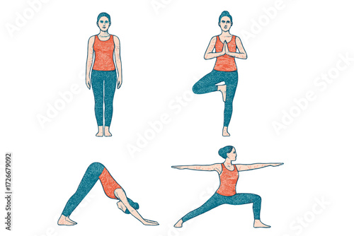 Set of women demonstrating various yoga positions including tree pose, downward dog, and warrior pose for exercise and meditation