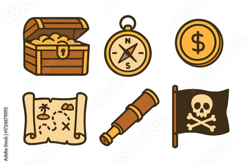 Collection of classic pirate adventure and treasure hunt elements including map compass flag and chest