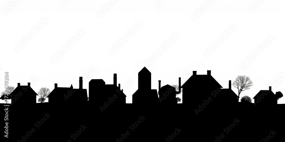 Fototapeta premium Black silhouette of houses forming a country skyline against a white background, real estate, dwelling