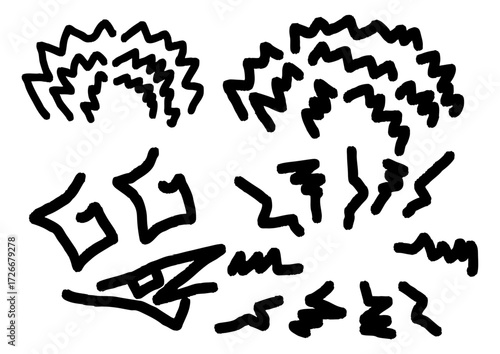 Dynamic urban art collection featuring abstract black graffiti tags, explosive zigzag patterns, and expressive street doodles